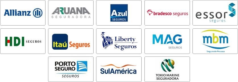 Allianz, Aruana, Azul, Bradesco, Essor, HDI, Itaú, Liberty, MAG, MBM, Porto Seguro, Sul América, Tókio Marine allianz, aruana, azul, bradesco, essor, hdi, itaú, liberty, mag, mbm, porto seguro, sul américa, tókio marine.